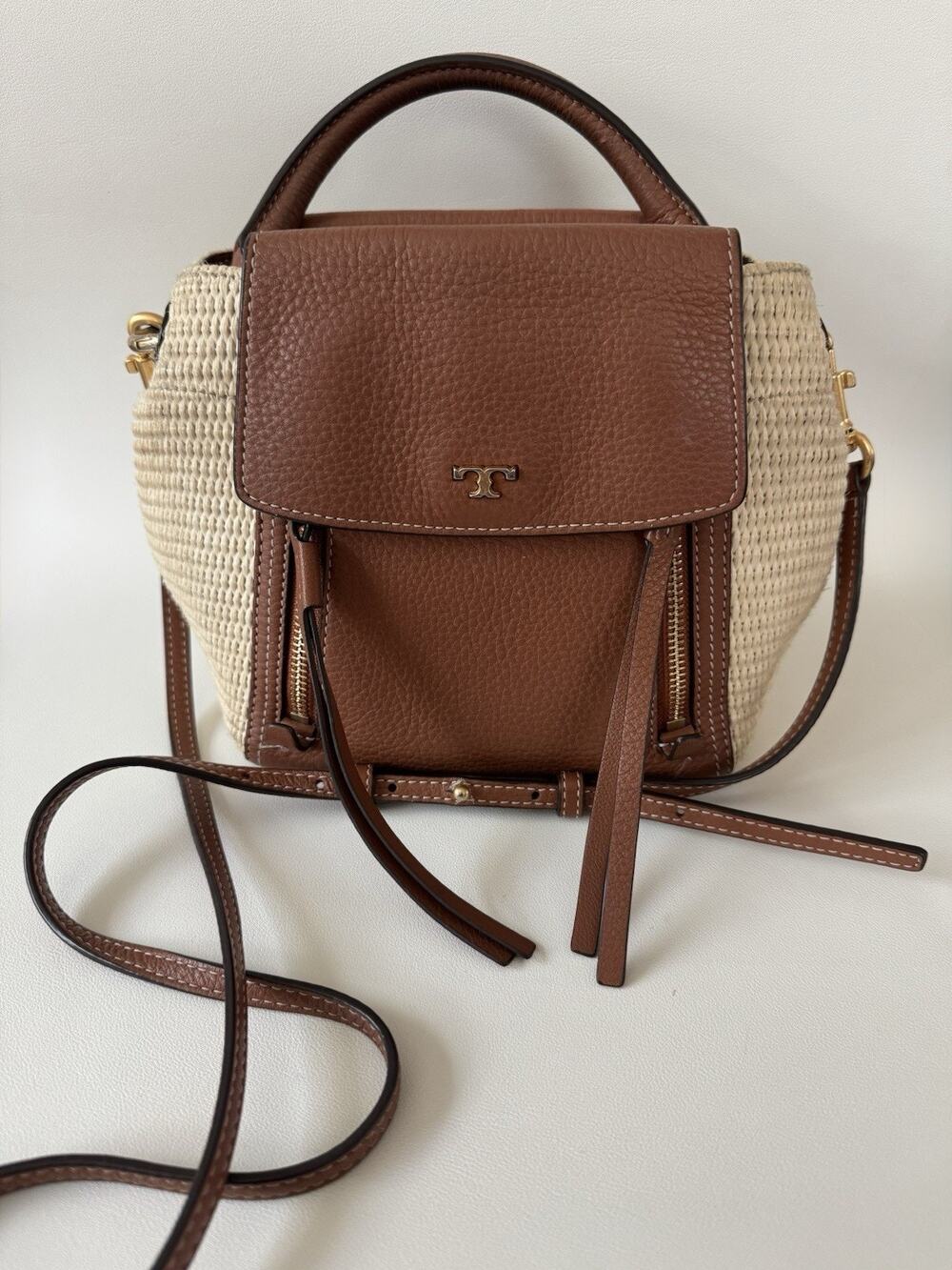 Tory Burch Straw Leather Bucket Bag Crossbody / Top Handle Half Moon